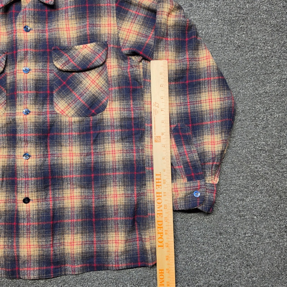 VTG Pendleton Board Shirt Plaid Tan Navy Mens Large Wool Flannel Loop Collar USA - Picture 2 of 7